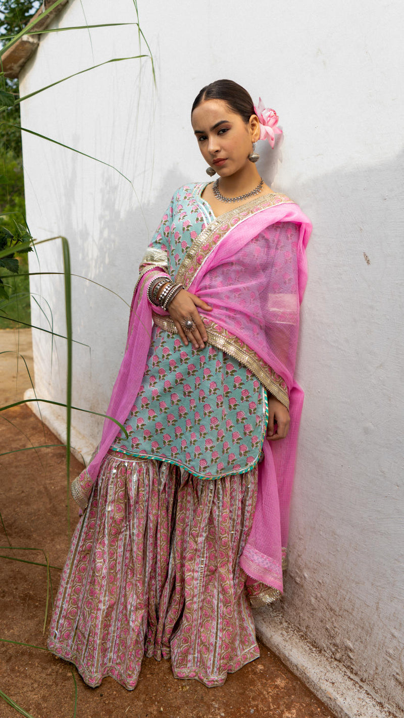 Saundh Pink and blue hand block printed gota sharara set cotton Buy Saundh Pink and blue hand block printed gota sharara set from C&W | Kurta/Kurta Sets for Women by Maison Shefali in multi color for women in Singapore