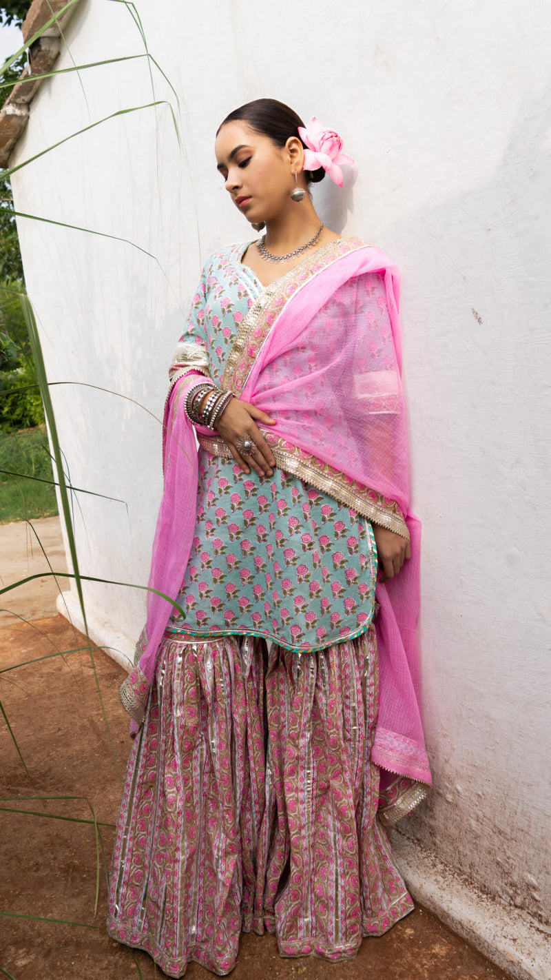 Saundh Pink and blue hand block printed gota sharara set cotton Buy Saundh Pink and blue hand block printed gota sharara set from C&W | Kurta/Kurta Sets for Women by Maison Shefali in multi color for women in Singapore