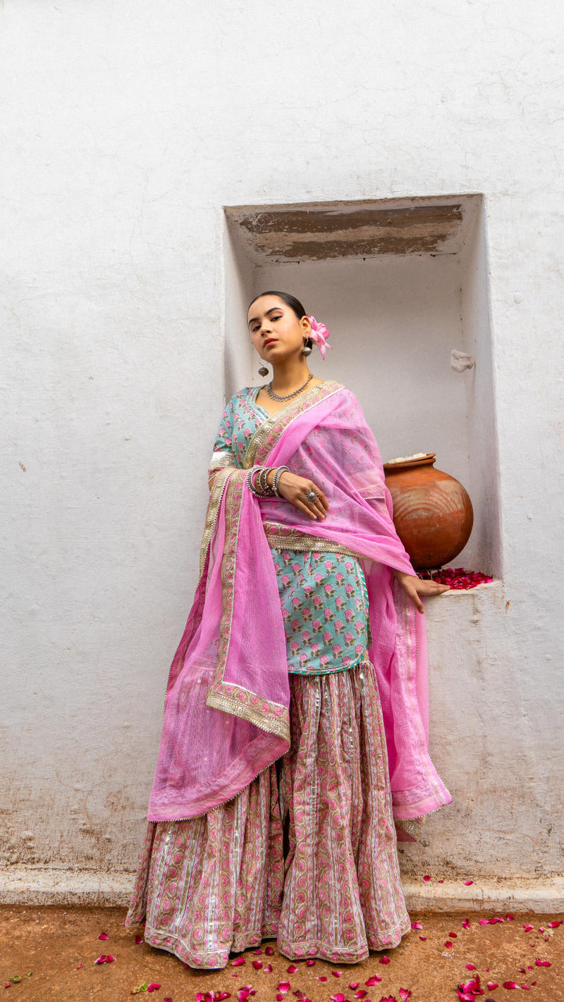 Saundh Pink and blue hand block printed gota sharara set cotton Buy Saundh Pink and blue hand block printed gota sharara set from C&W | Kurta/Kurta Sets for Women by Maison Shefali in multi color for women in Singapore