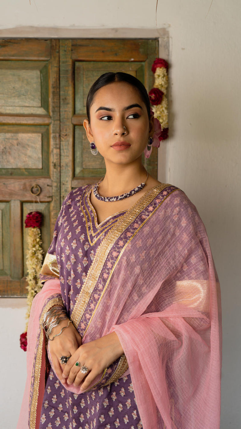 Saundh purple and peach hand block printed gota sharara set cotton Buy Saundh purple and peach hand block printed gota sharara set from C&W | Kurta/Kurta Sets for Women by Maison Shefali in multi color for women in Singapore