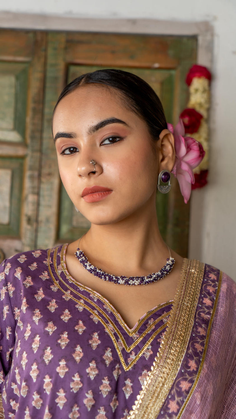Saundh purple and peach hand block printed gota sharara set cotton Buy Saundh purple and peach hand block printed gota sharara set from C&W | Kurta/Kurta Sets for Women by Maison Shefali in multi color for women in Singapore