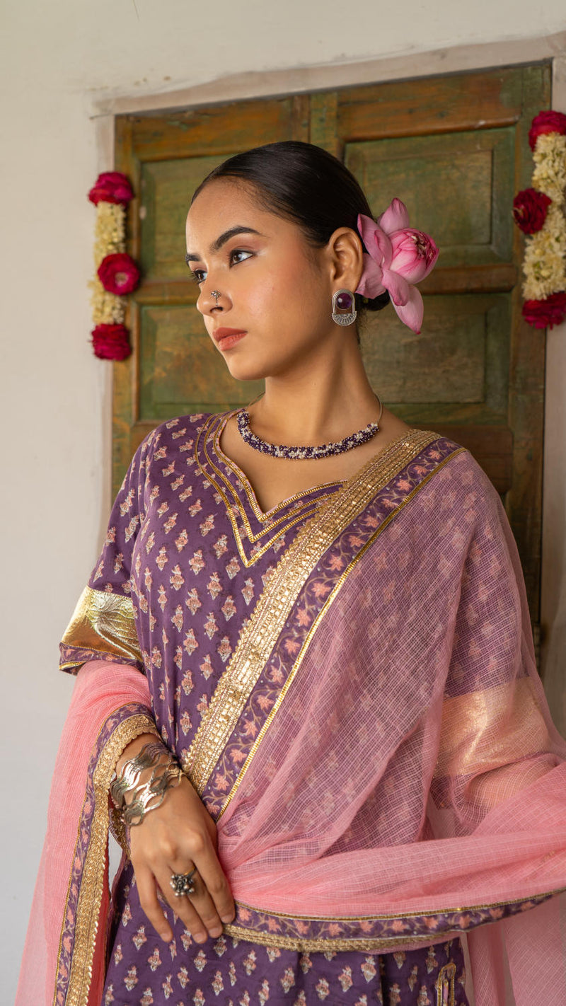 Saundh purple and peach hand block printed gota sharara set cotton Buy Saundh purple and peach hand block printed gota sharara set from C&W | Kurta/Kurta Sets for Women by Maison Shefali in multi color for women in Singapore