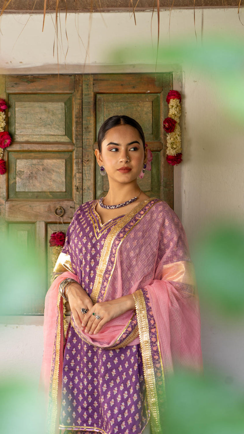Saundh purple and peach hand block printed gota sharara set cotton Buy Saundh purple and peach hand block printed gota sharara set from C&W | Kurta/Kurta Sets for Women by Maison Shefali in multi color for women in Singapore