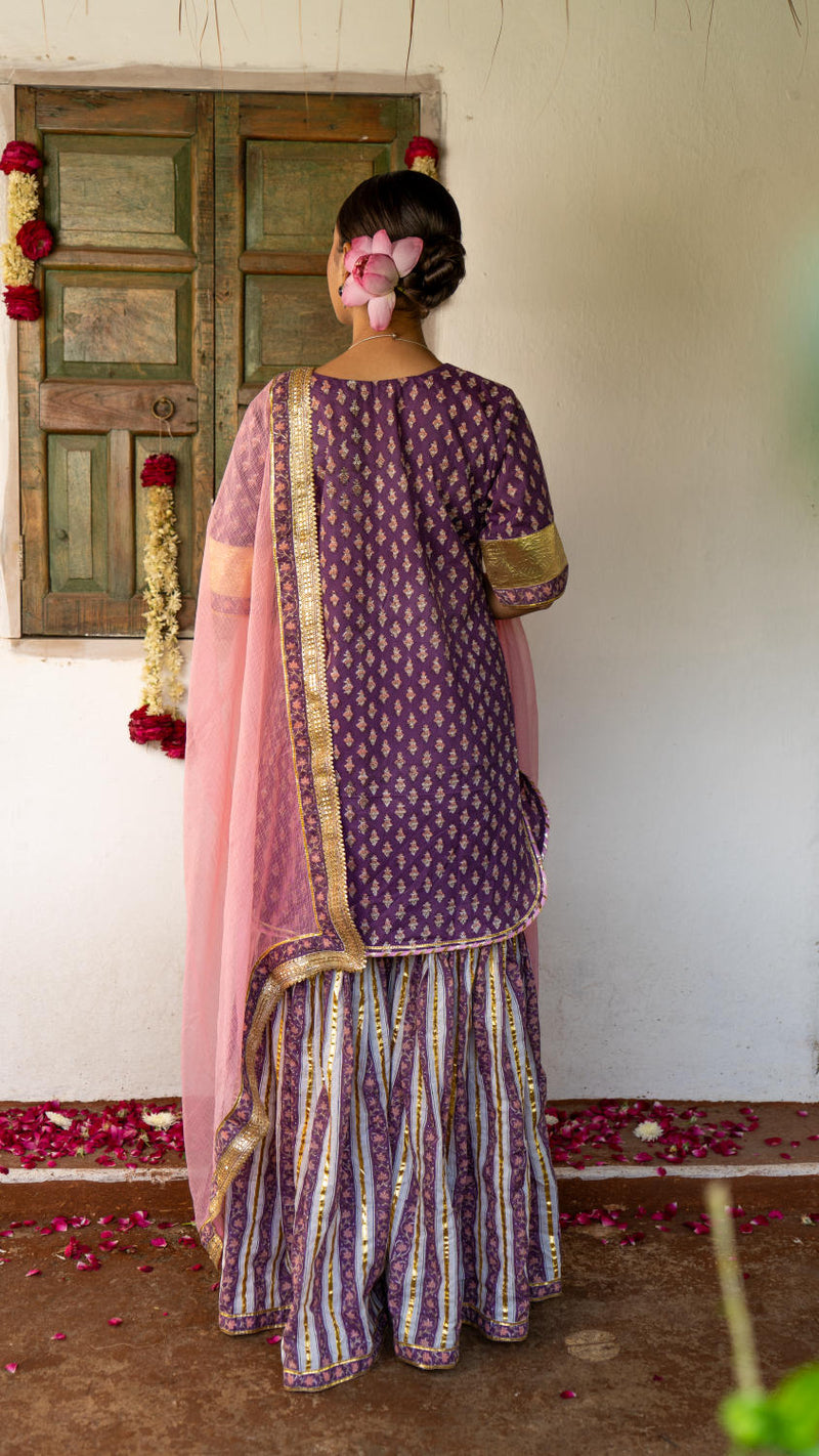 Saundh purple and peach hand block printed gota sharara set cotton Buy Saundh purple and peach hand block printed gota sharara set from C&W | Kurta/Kurta Sets for Women by Maison Shefali in multi color for women in Singapore