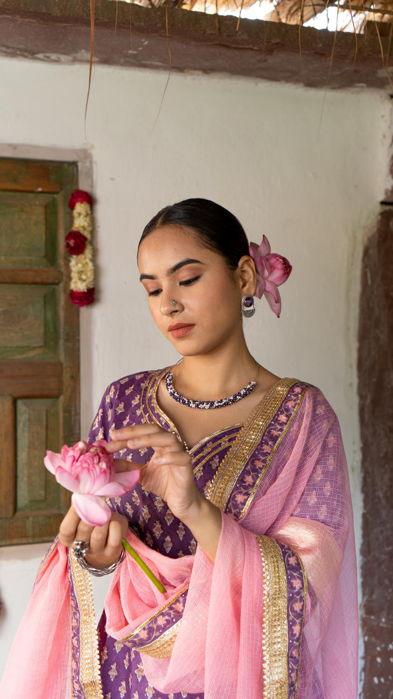 Saundh purple and peach hand block printed gota sharara set cotton Buy Saundh purple and peach hand block printed gota sharara set from C&W | Kurta/Kurta Sets for Women by Maison Shefali in multi color for women in Singapore
