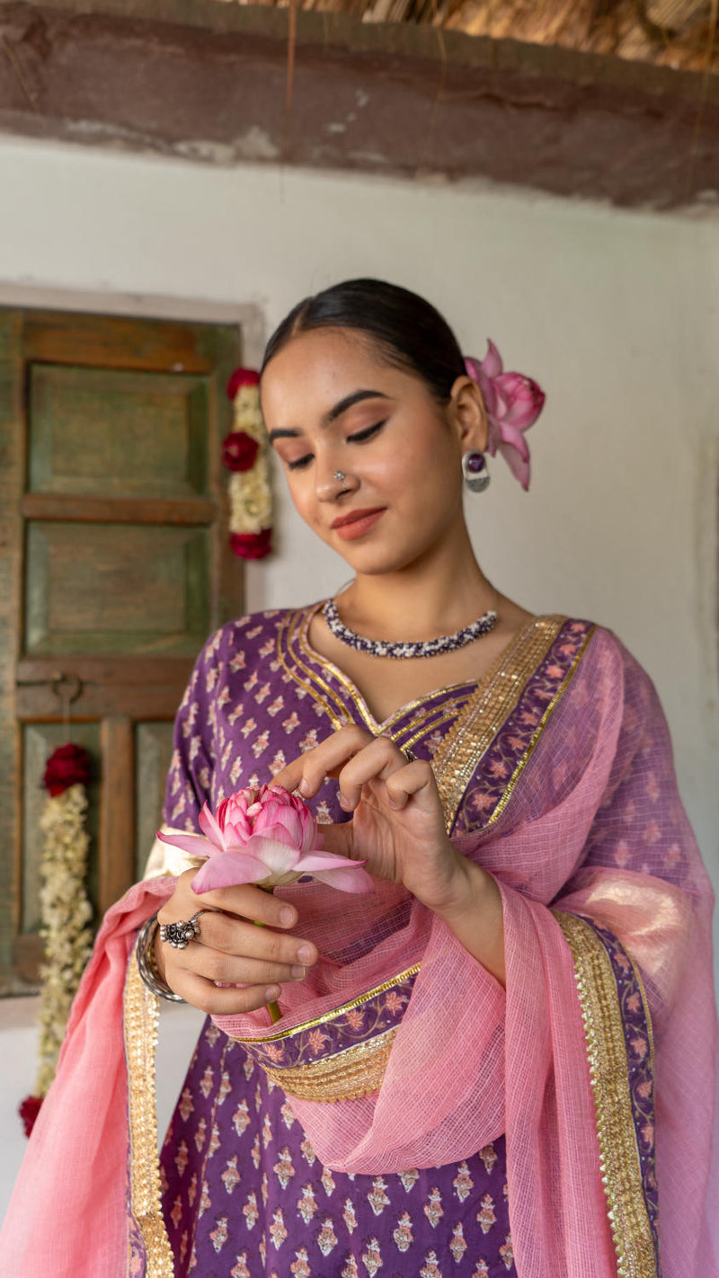 Saundh purple and peach hand block printed gota sharara set cotton Buy Saundh purple and peach hand block printed gota sharara set from C&W | Kurta/Kurta Sets for Women by Maison Shefali in multi color for women in Singapore