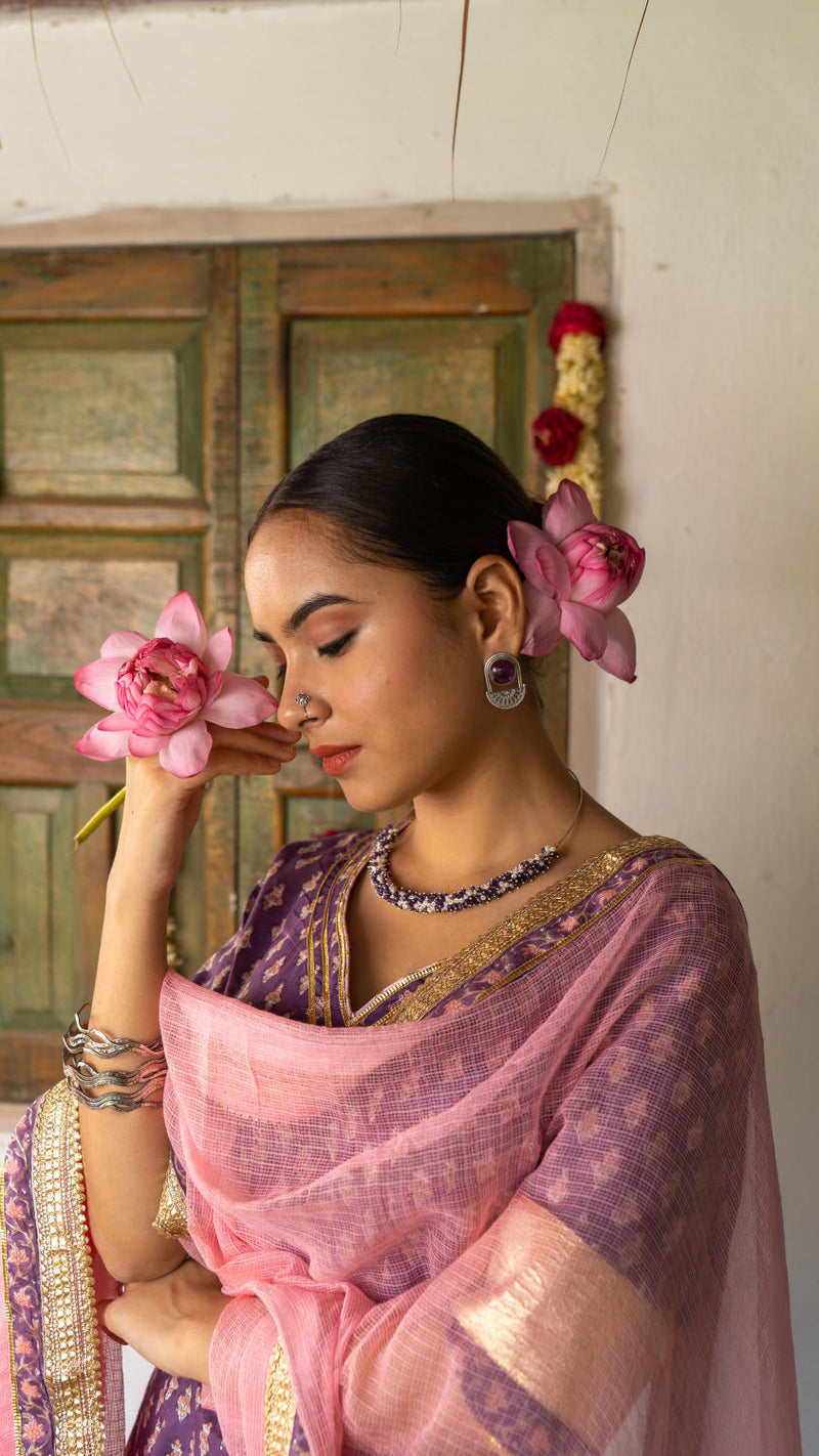 Saundh purple and peach hand block printed gota sharara set cotton Buy Saundh purple and peach hand block printed gota sharara set from C&W | Kurta/Kurta Sets for Women by Maison Shefali in multi color for women in Singapore