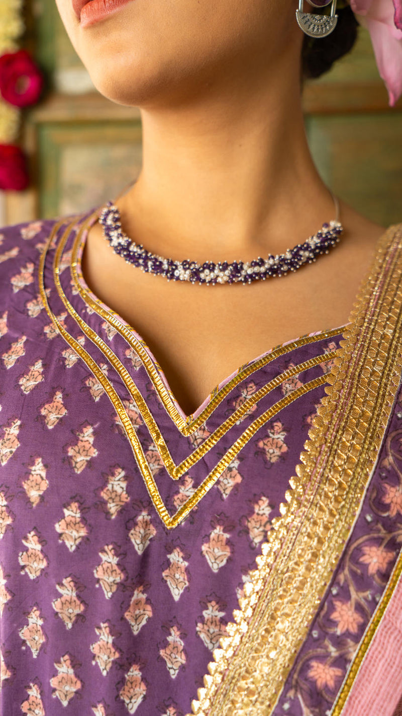 Saundh purple and peach hand block printed gota sharara set cotton Buy Saundh purple and peach hand block printed gota sharara set from C&W | Kurta/Kurta Sets for Women by Maison Shefali in multi color for women in Singapore