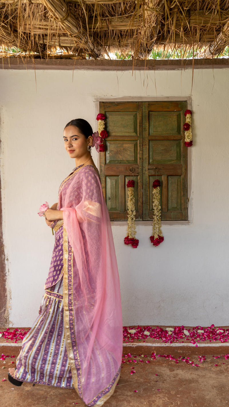 Saundh purple and peach hand block printed gota sharara set cotton Buy Saundh purple and peach hand block printed gota sharara set from C&W | Kurta/Kurta Sets for Women by Maison Shefali in multi color for women in Singapore
