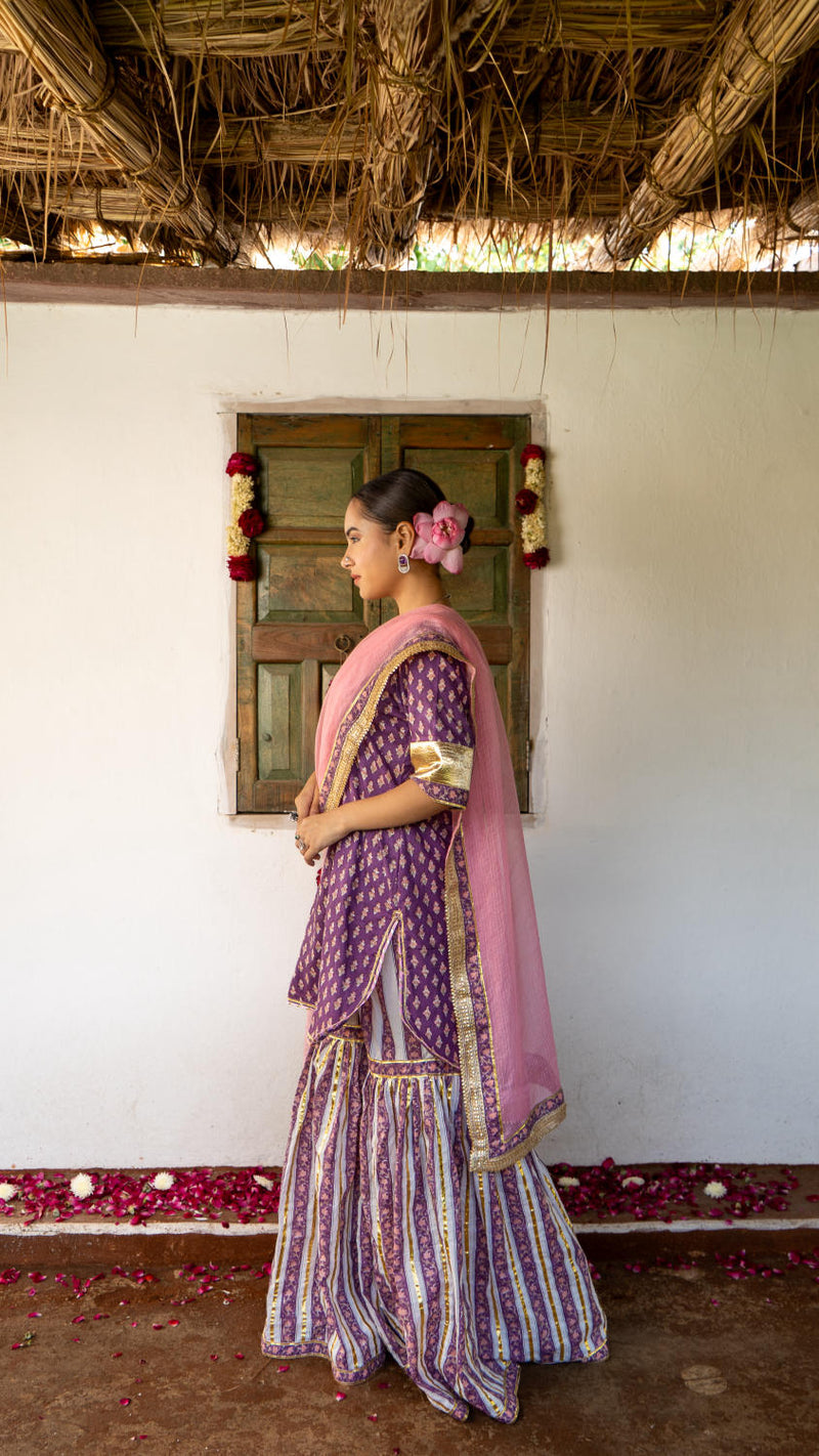 Saundh purple and peach hand block printed gota sharara set cotton Buy Saundh purple and peach hand block printed gota sharara set from C&W | Kurta/Kurta Sets for Women by Maison Shefali in multi color for women in Singapore