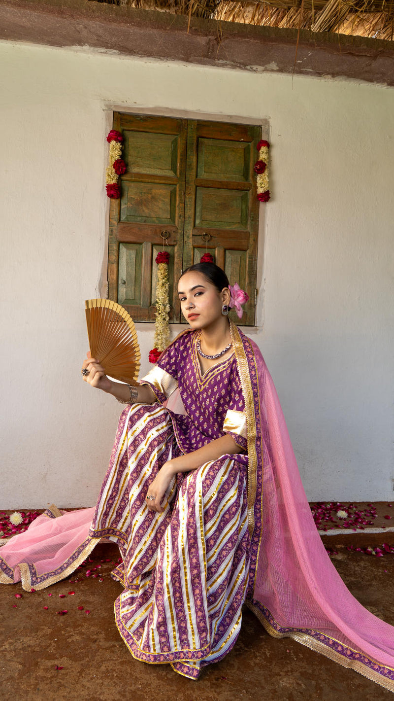 Saundh purple and peach hand block printed gota sharara set cotton Buy Saundh purple and peach hand block printed gota sharara set from C&W | Kurta/Kurta Sets for Women by Maison Shefali in multi color for women in Singapore