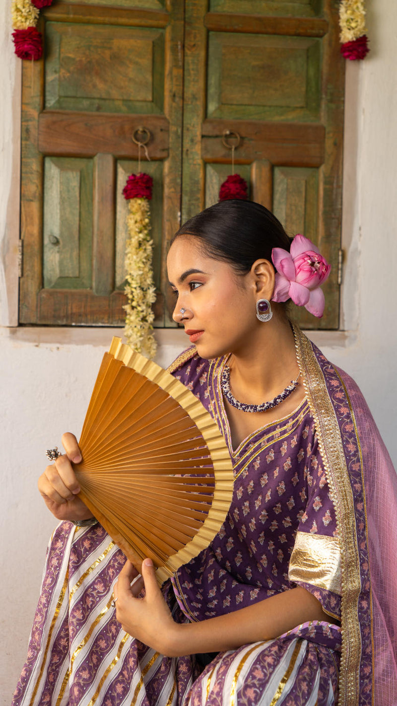Saundh purple and peach hand block printed gota sharara set cotton Buy Saundh purple and peach hand block printed gota sharara set from C&W | Kurta/Kurta Sets for Women by Maison Shefali in multi color for women in Singapore