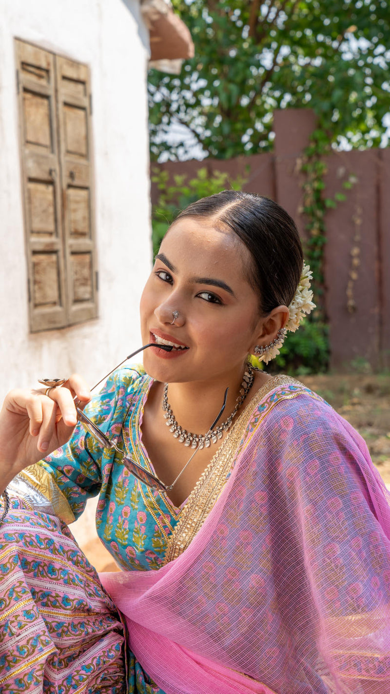 Saundh Sea green and pink hand block printed gota sharara set cotton Buy Saundh Sea green and pink hand block printed gota sharara set from C&W | Kurta/Kurta Sets for Women by Maison Shefali in multi color for women in Singapore
