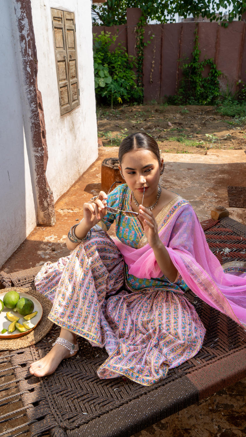 Saundh Sea green and pink hand block printed gota sharara set cotton Buy Saundh Sea green and pink hand block printed gota sharara set from C&W | Kurta/Kurta Sets for Women by Maison Shefali in multi color for women in Singapore