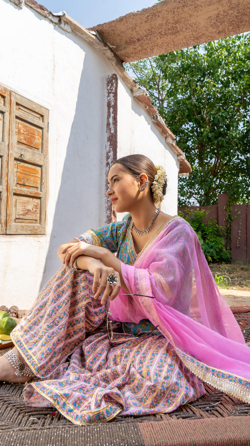 Saundh Sea green and pink hand block printed gota sharara set cotton Buy Saundh Sea green and pink hand block printed gota sharara set from C&W | Kurta/Kurta Sets for Women by Maison Shefali in multi color for women in Singapore