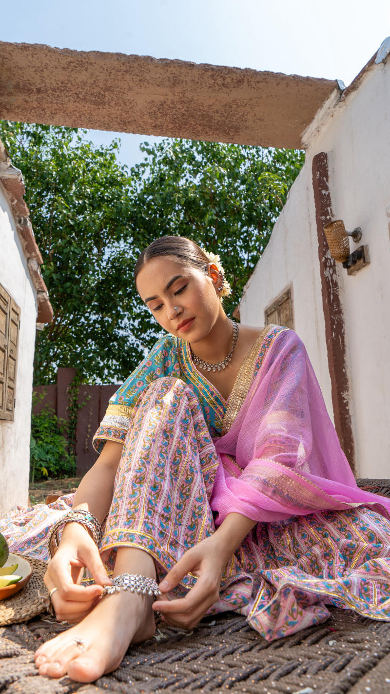 Saundh Sea green and pink hand block printed gota sharara set cotton Buy Saundh Sea green and pink hand block printed gota sharara set from C&W | Kurta/Kurta Sets for Women by Maison Shefali in multi color for women in Singapore