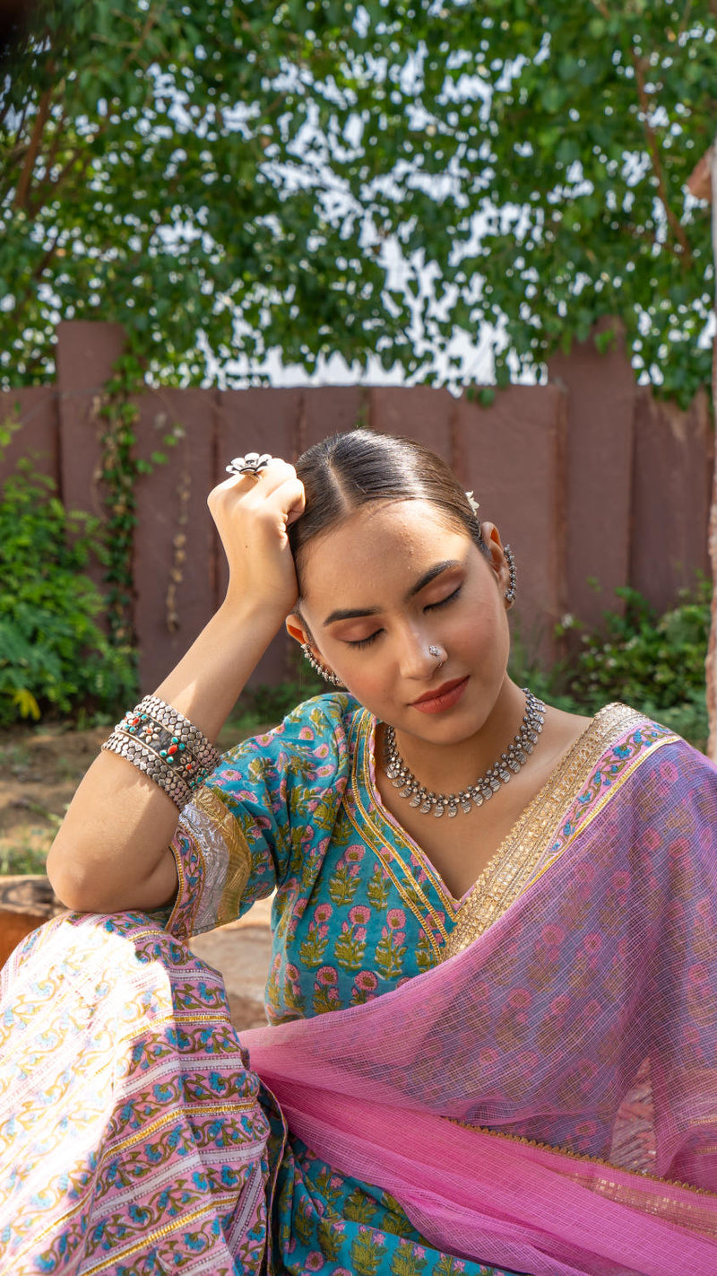 Saundh Sea green and pink hand block printed gota sharara set cotton Buy Saundh Sea green and pink hand block printed gota sharara set from C&W | Kurta/Kurta Sets for Women by Maison Shefali in multi color for women in Singapore