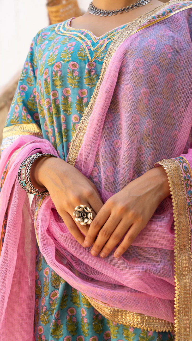 Saundh Sea green and pink hand block printed gota sharara set cotton Buy Saundh Sea green and pink hand block printed gota sharara set from C&W | Kurta/Kurta Sets for Women by Maison Shefali in multi color for women in Singapore