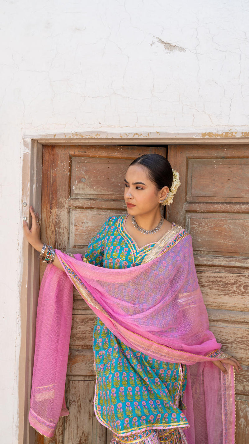 Saundh Sea green and pink hand block printed gota sharara set cotton Buy Saundh Sea green and pink hand block printed gota sharara set from C&W | Kurta/Kurta Sets for Women by Maison Shefali in multi color for women in Singapore