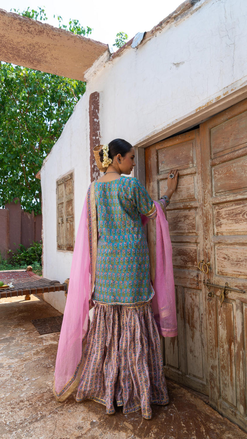 Saundh Sea green and pink hand block printed gota sharara set cotton Buy Saundh Sea green and pink hand block printed gota sharara set from C&W | Kurta/Kurta Sets for Women by Maison Shefali in multi color for women in Singapore