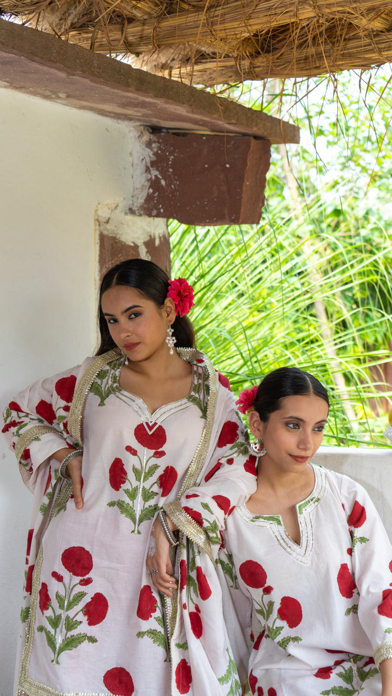 Saundh Red and White hand block printed mughal boota sharara set cotton Buy Saundh Red and White hand block printed mughal boota sharara set from C&W | Kurta/Kurta Sets for Women by Maison Shefali in multi color for women in Singapore