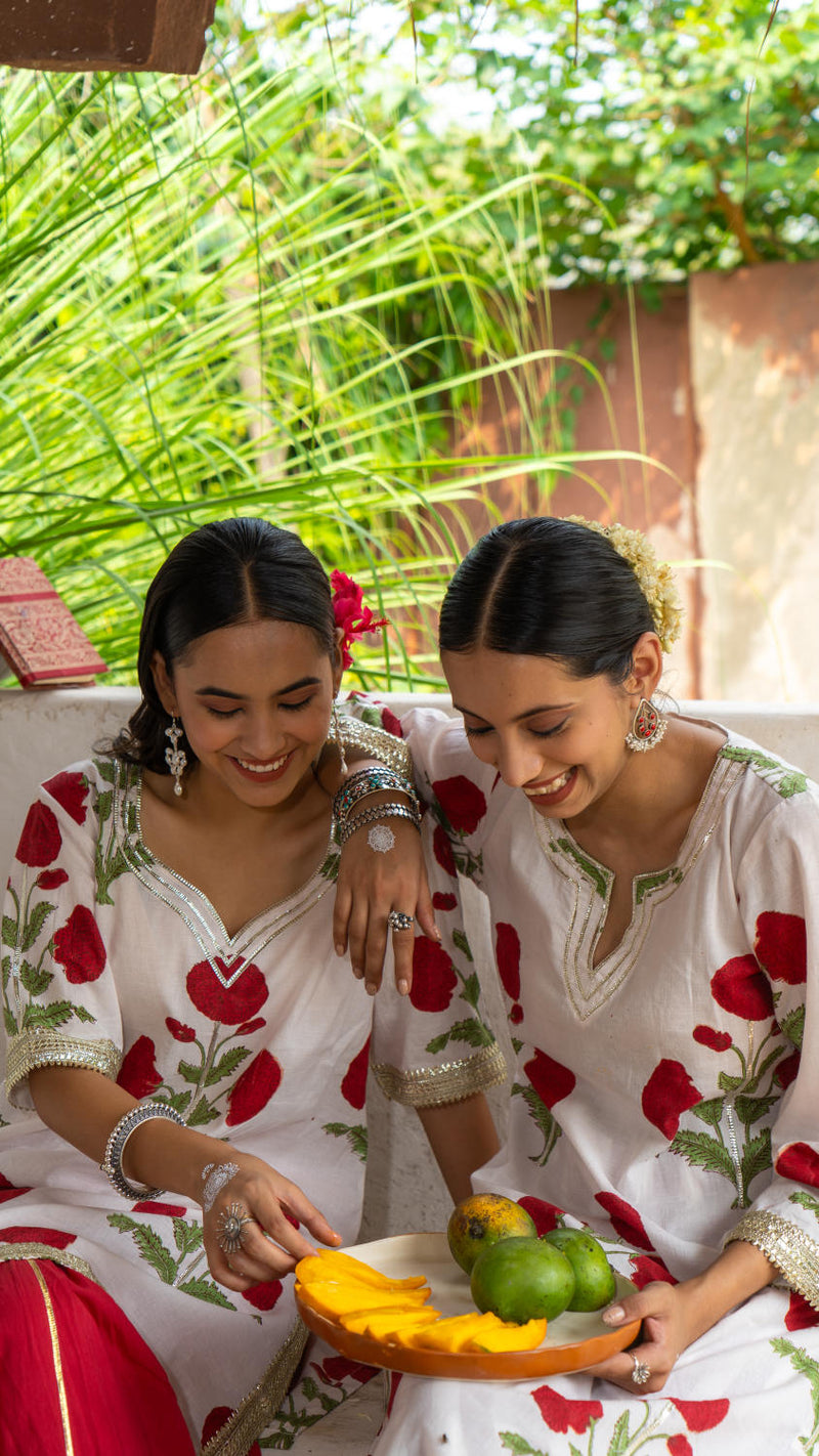 Saundh Red and White hand block printed mughal boota sharara set cotton Buy Saundh Red and White hand block printed mughal boota sharara set from C&W | Kurta/Kurta Sets for Women by Maison Shefali in multi color for women in Singapore