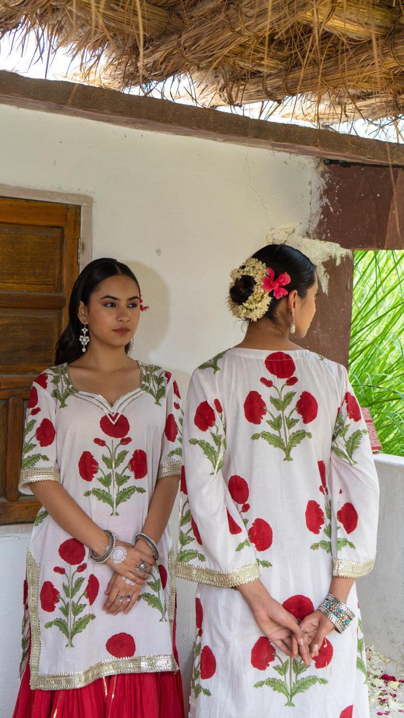 Saundh Red and White hand block printed mughal boota sharara set cotton Buy Saundh Red and White hand block printed mughal boota sharara set from C&W | Kurta/Kurta Sets for Women by Maison Shefali in multi color for women in Singapore