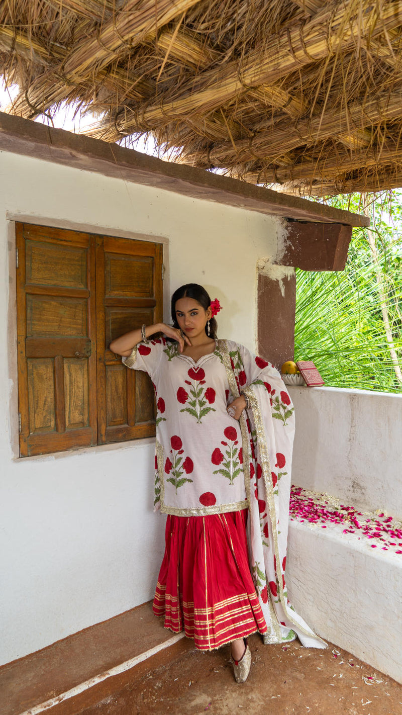 Saundh Red and White hand block printed mughal boota sharara set cotton Buy Saundh Red and White hand block printed mughal boota sharara set from C&W | Kurta/Kurta Sets for Women by Maison Shefali in multi color for women in Singapore
