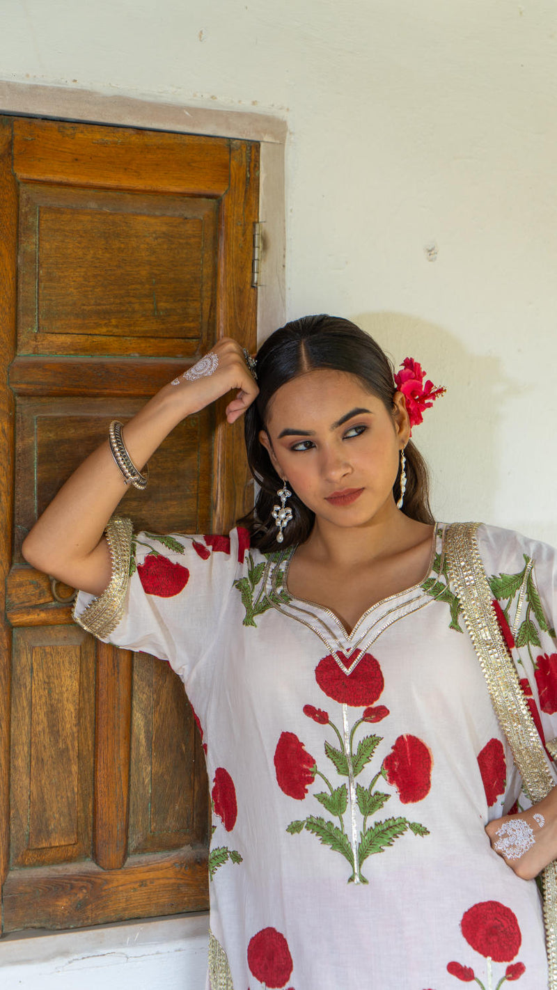 Saundh Red and White hand block printed mughal boota sharara set cotton Buy Saundh Red and White hand block printed mughal boota sharara set from C&W | Kurta/Kurta Sets for Women by Maison Shefali in multi color for women in Singapore