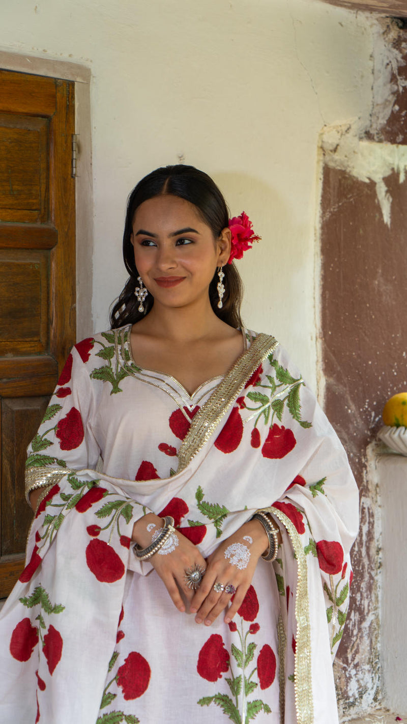 Saundh Red and White hand block printed mughal boota sharara set cotton Buy Saundh Red and White hand block printed mughal boota sharara set from C&W | Kurta/Kurta Sets for Women by Maison Shefali in multi color for women in Singapore