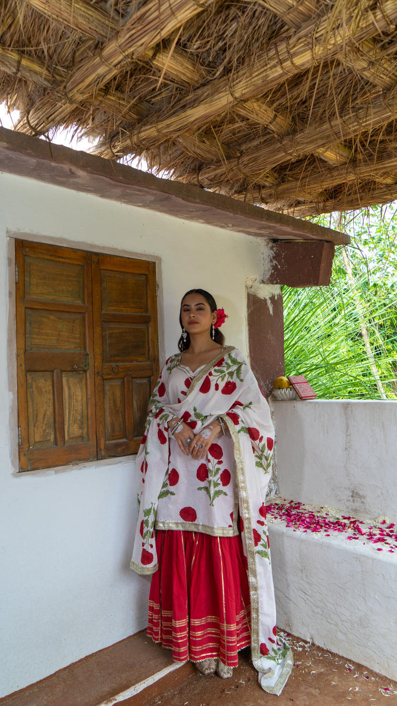 Saundh Red and White hand block printed mughal boota sharara set cotton Buy Saundh Red and White hand block printed mughal boota sharara set from C&W | Kurta/Kurta Sets for Women by Maison Shefali in multi color for women in Singapore