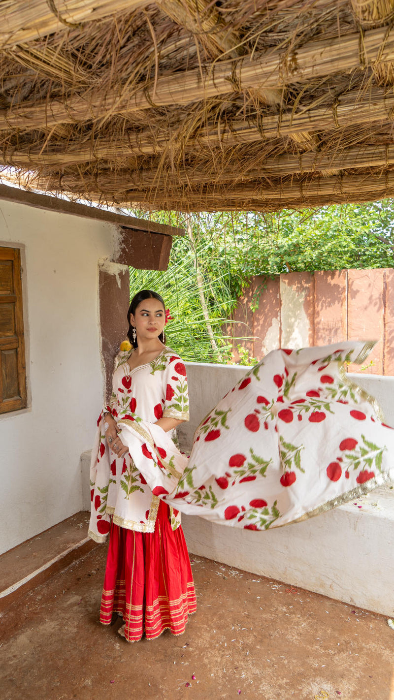 Saundh Red and White hand block printed mughal boota sharara set cotton Buy Saundh Red and White hand block printed mughal boota sharara set from C&W | Kurta/Kurta Sets for Women by Maison Shefali in multi color for women in Singapore