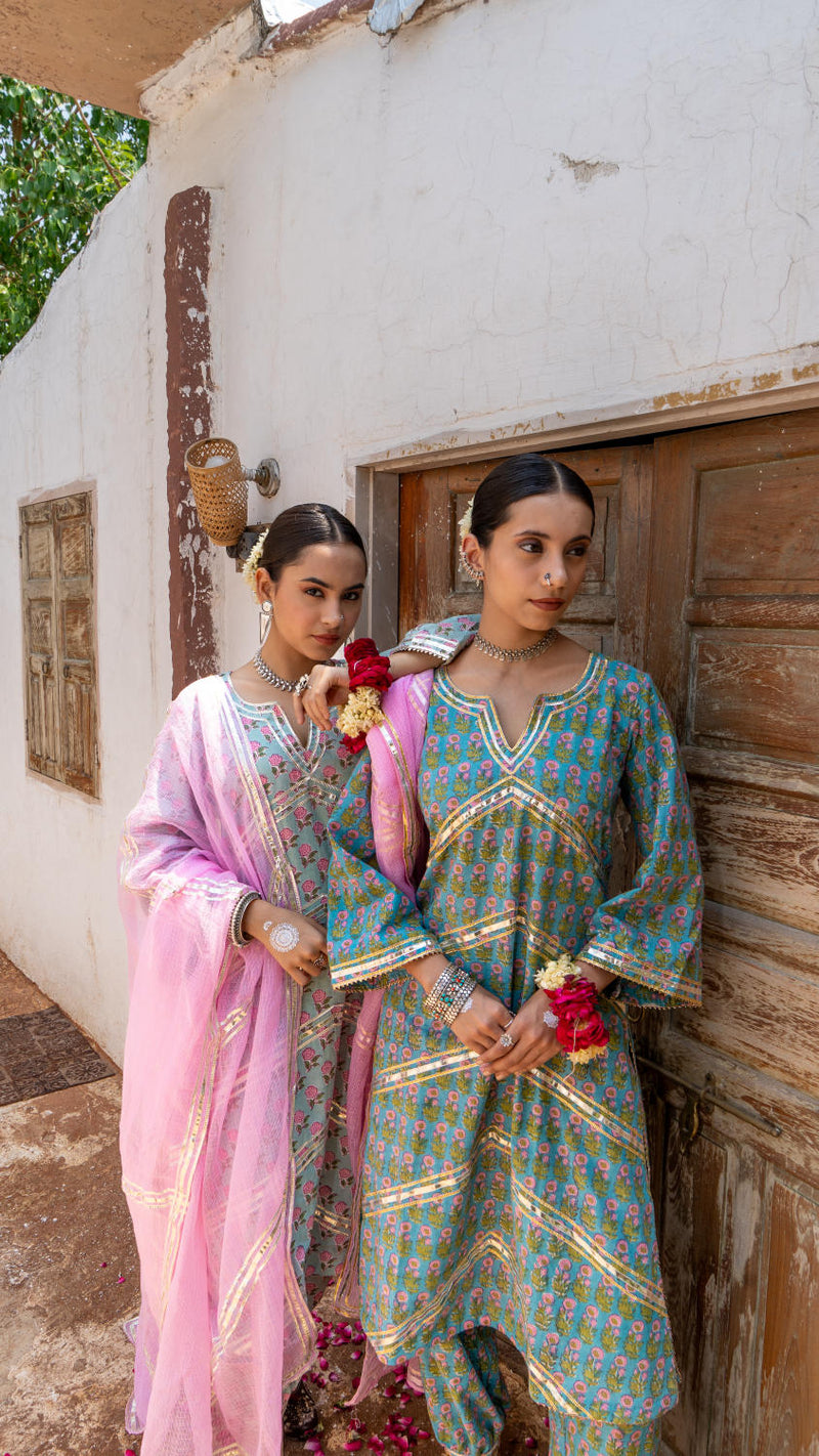 Saundh Pink and Blue hand block printed cotton Salwar set cotton Buy Saundh Pink and Blue hand block printed cotton Salwar set from C&W | Kurta/Kurta Sets for Women by Maison Shefali in multi color for women in Singapore