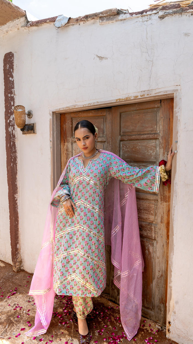 Saundh Pink and Blue hand block printed cotton Salwar set cotton Buy Saundh Pink and Blue hand block printed cotton Salwar set from C&W | Kurta/Kurta Sets for Women by Maison Shefali in multi color for women in Singapore