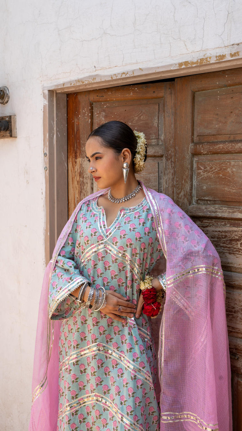Saundh Pink and Blue hand block printed cotton Salwar set cotton Buy Saundh Pink and Blue hand block printed cotton Salwar set from C&W | Kurta/Kurta Sets for Women by Maison Shefali in multi color for women in Singapore