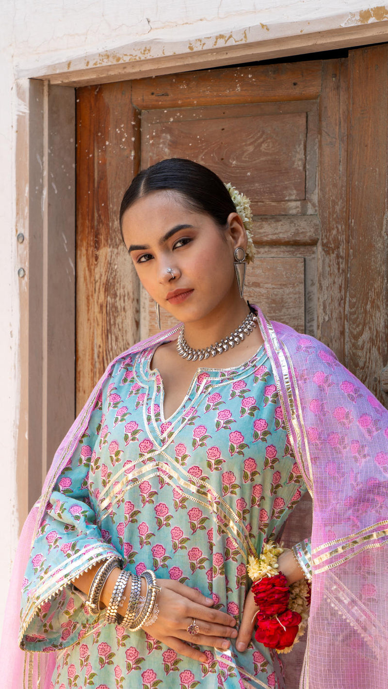 Saundh Pink and Blue hand block printed cotton Salwar set cotton Buy Saundh Pink and Blue hand block printed cotton Salwar set from C&W | Kurta/Kurta Sets for Women by Maison Shefali in multi color for women in Singapore