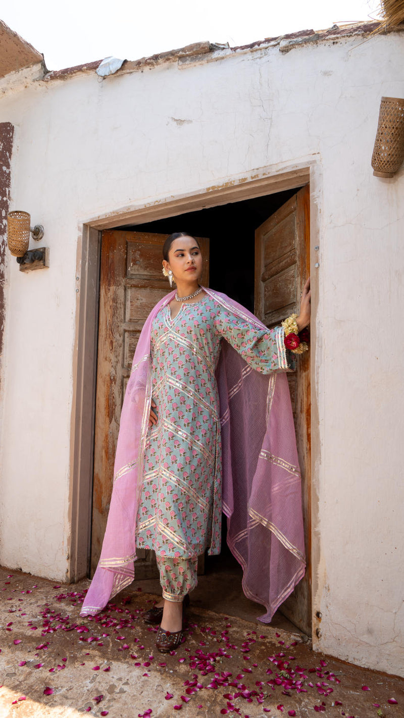 Saundh Pink and Blue hand block printed cotton Salwar set cotton Buy Saundh Pink and Blue hand block printed cotton Salwar set from C&W | Kurta/Kurta Sets for Women by Maison Shefali in multi color for women in Singapore