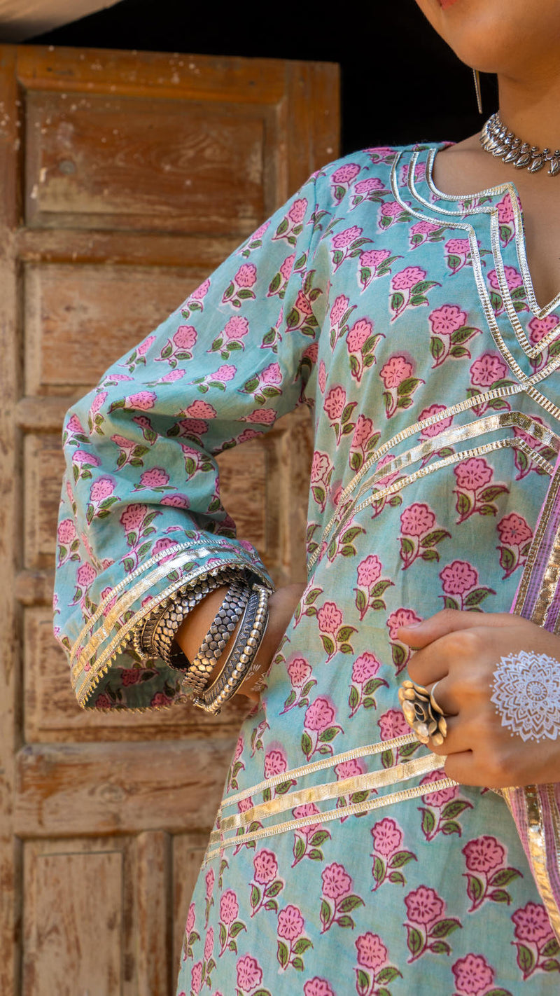 Saundh Pink and Blue hand block printed cotton Salwar set cotton Buy Saundh Pink and Blue hand block printed cotton Salwar set from C&W | Kurta/Kurta Sets for Women by Maison Shefali in multi color for women in Singapore