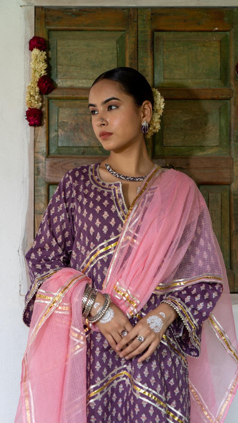 Saundh Purple and Peach hand block printed cotton Salwar set cotton Buy Saundh Purple and Peach hand block printed cotton Salwar set from C&W | Kurta/Kurta Sets for Women by Maison Shefali in multi color for women in Singapore