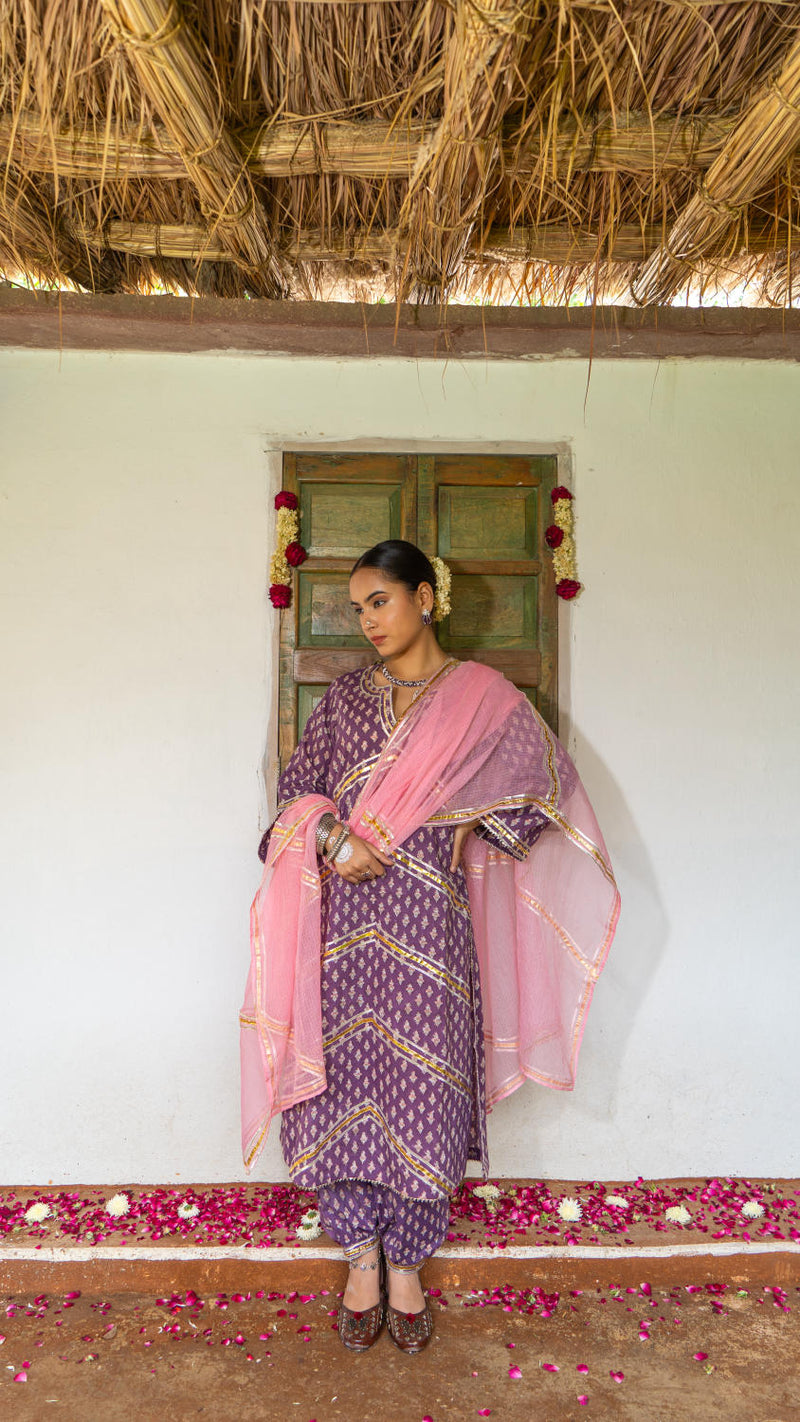 Saundh Purple and Peach hand block printed cotton Salwar set cotton Buy Saundh Purple and Peach hand block printed cotton Salwar set from C&W | Kurta/Kurta Sets for Women by Maison Shefali in multi color for women in Singapore