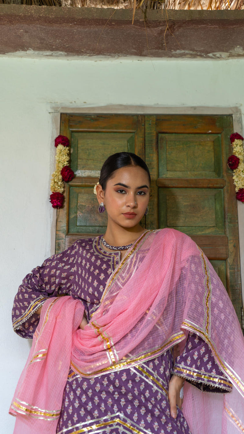 Saundh Purple and Peach hand block printed cotton Salwar set cotton Buy Saundh Purple and Peach hand block printed cotton Salwar set from C&W | Kurta/Kurta Sets for Women by Maison Shefali in multi color for women in Singapore