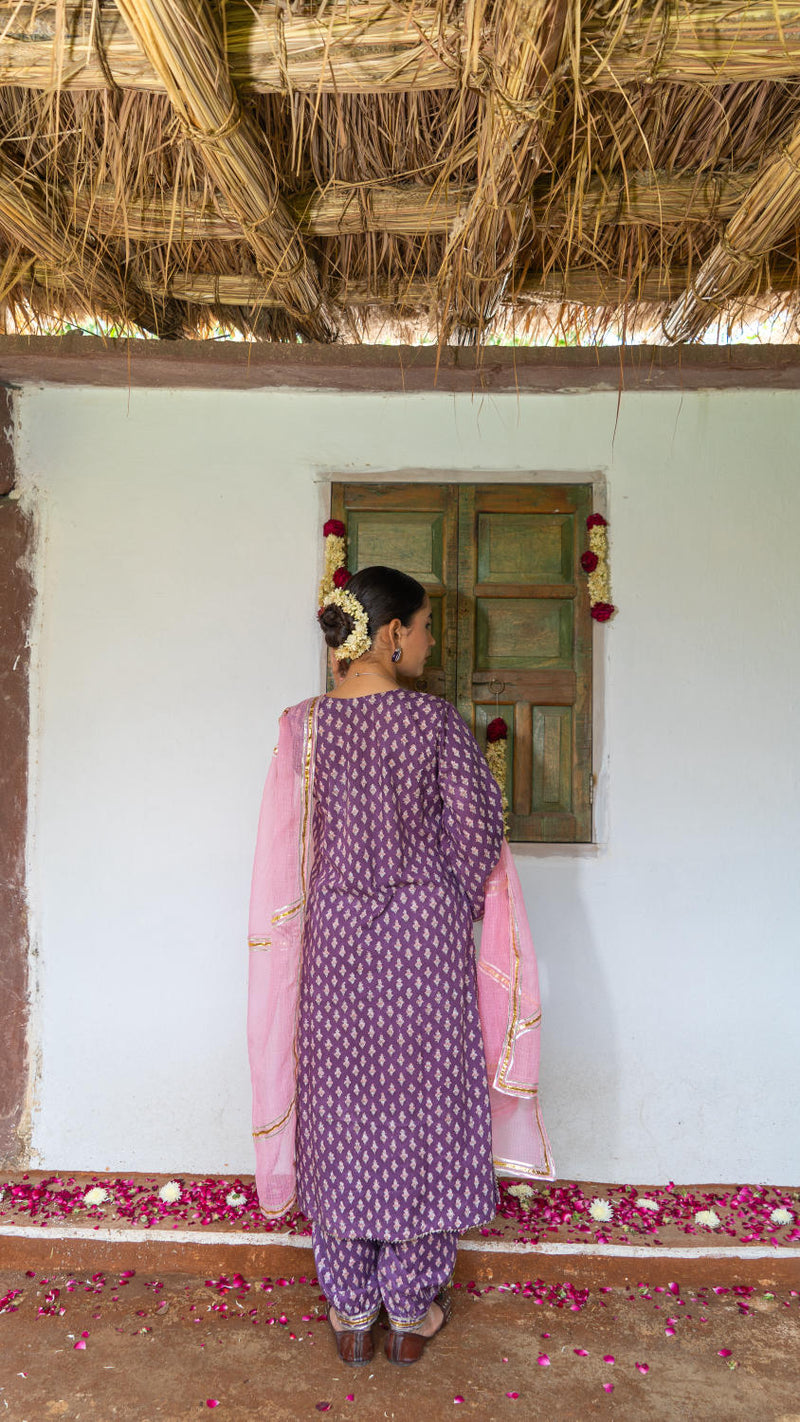 Saundh Purple and Peach hand block printed cotton Salwar set cotton Buy Saundh Purple and Peach hand block printed cotton Salwar set from C&W | Kurta/Kurta Sets for Women by Maison Shefali in multi color for women in Singapore