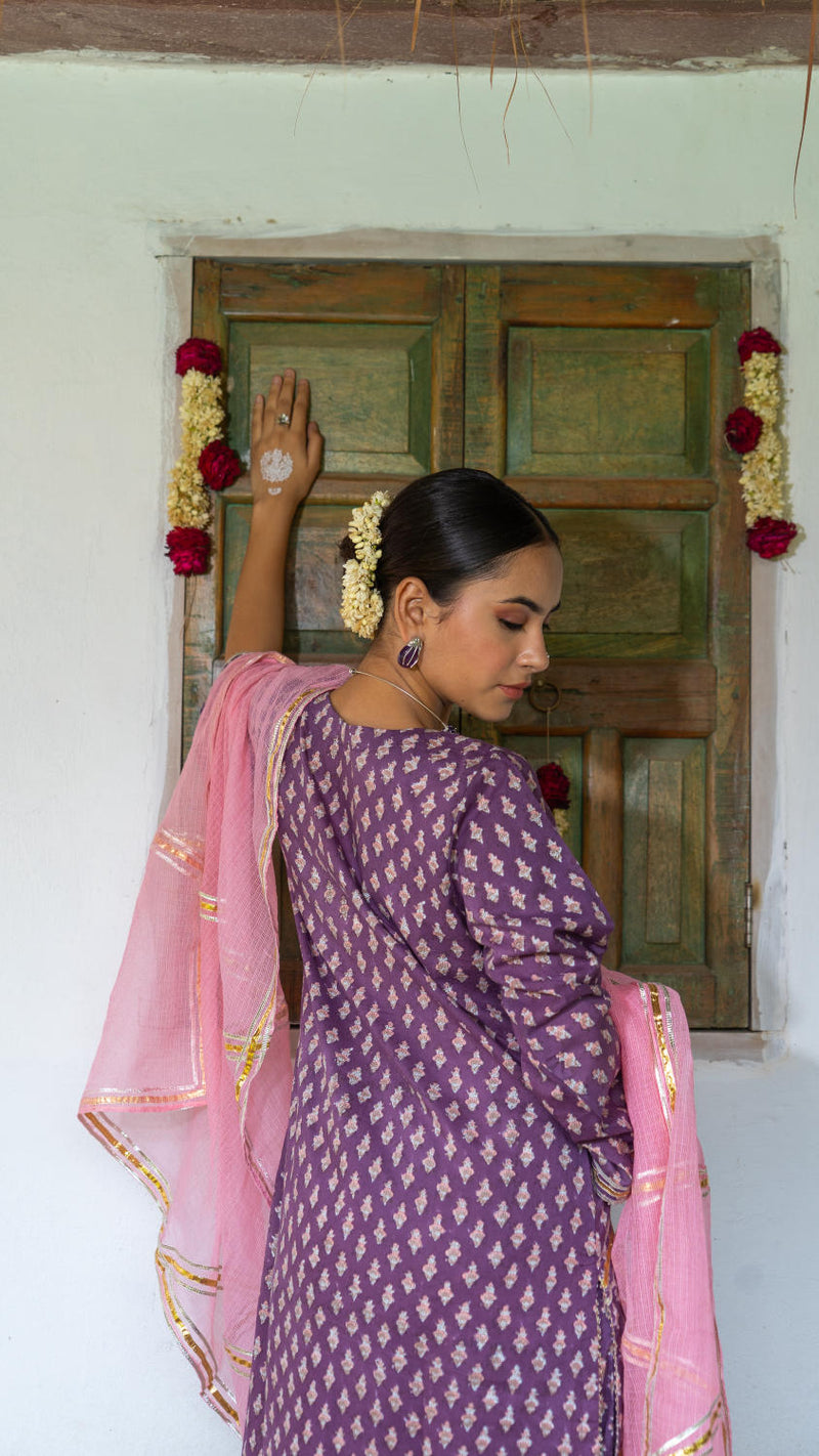 Saundh Purple and Peach hand block printed cotton Salwar set cotton Buy Saundh Purple and Peach hand block printed cotton Salwar set from C&W | Kurta/Kurta Sets for Women by Maison Shefali in multi color for women in Singapore