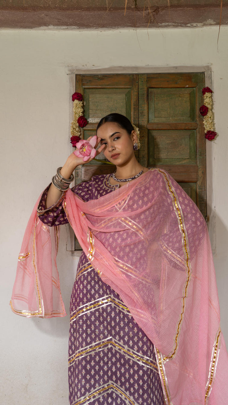 Saundh Purple and Peach hand block printed cotton Salwar set cotton Buy Saundh Purple and Peach hand block printed cotton Salwar set from C&W | Kurta/Kurta Sets for Women by Maison Shefali in multi color for women in Singapore
