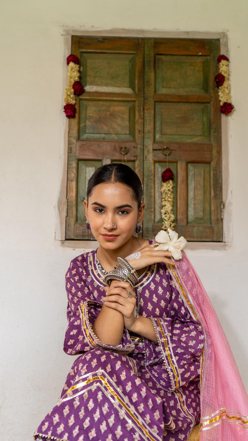 Saundh Purple and Peach hand block printed cotton Salwar set cotton Buy Saundh Purple and Peach hand block printed cotton Salwar set from C&W | Kurta/Kurta Sets for Women by Maison Shefali in multi color for women in Singapore