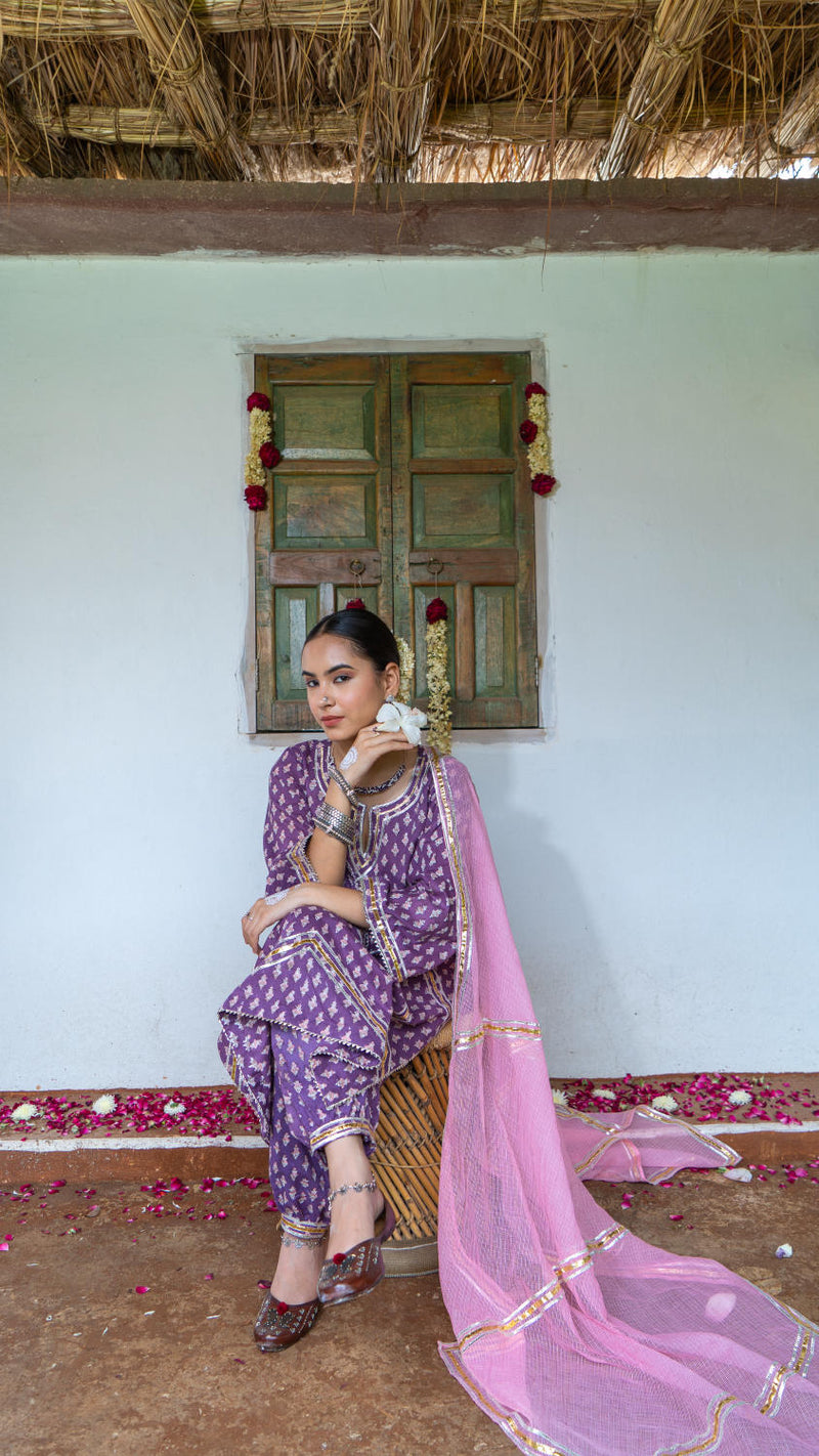 Saundh Purple and Peach hand block printed cotton Salwar set cotton Buy Saundh Purple and Peach hand block printed cotton Salwar set from C&W | Kurta/Kurta Sets for Women by Maison Shefali in multi color for women in Singapore