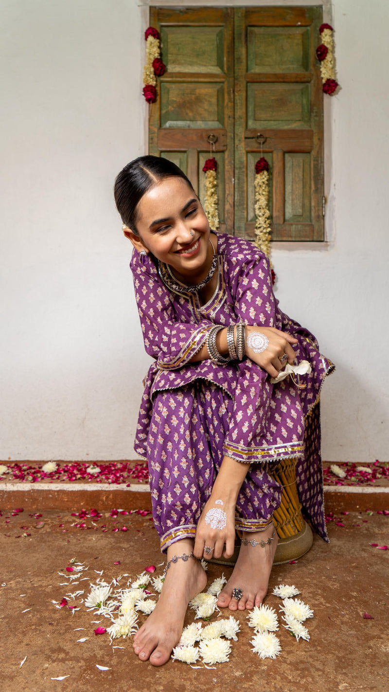 Saundh Purple and Peach hand block printed cotton Salwar set cotton Buy Saundh Purple and Peach hand block printed cotton Salwar set from C&W | Kurta/Kurta Sets for Women by Maison Shefali in multi color for women in Singapore