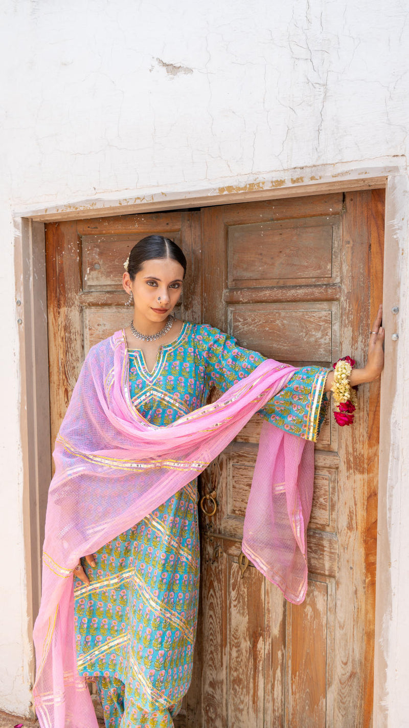 Saundh Sea Green and Pinm hand block printed cotton Salwar set cotton Buy Saundh Sea Green and Pinm hand block printed cotton Salwar set from C&W | Kurta/Kurta Sets for Women by Maison Shefali in multi color for women in Singapore
