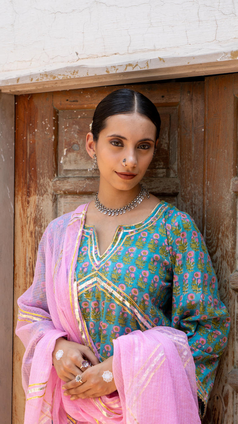 Saundh Sea Green and Pinm hand block printed cotton Salwar set cotton Buy Saundh Sea Green and Pinm hand block printed cotton Salwar set from C&W | Kurta/Kurta Sets for Women by Maison Shefali in multi color for women in Singapore