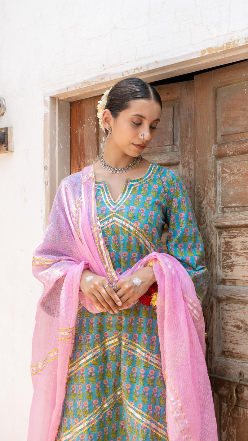 Saundh Sea Green and Pinm hand block printed cotton Salwar set cotton Buy Saundh Sea Green and Pinm hand block printed cotton Salwar set from C&W | Kurta/Kurta Sets for Women by Maison Shefali in multi color for women in Singapore